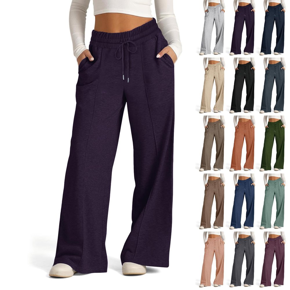 Summer Sweatpants Women Drawstring Low Waisted Wide Leg Yoga Pants Straight Leg Sweatpants for Women Loose Fit Lightweight Joggers Pant Baggy Sweatpant Comfy Pajama Pants with Pockets Dark Purple