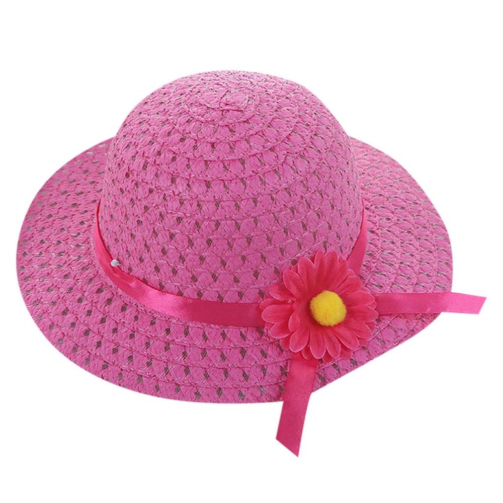 NineFit Basics Kids traw Hat Wide Brim Floppy Woven Sun Visor Hat Little Girls Sun Hat Gardening Hat with Flower (Hot Pink, One Size)