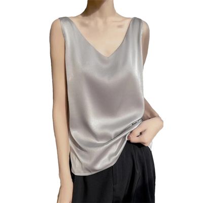 Hamthuit Woman T-Shirts Satin Blouse Sleeveless Female Summer Casual Loose Tanks And Solid Tops For Women Light Gray9 L(Bust 92cm)