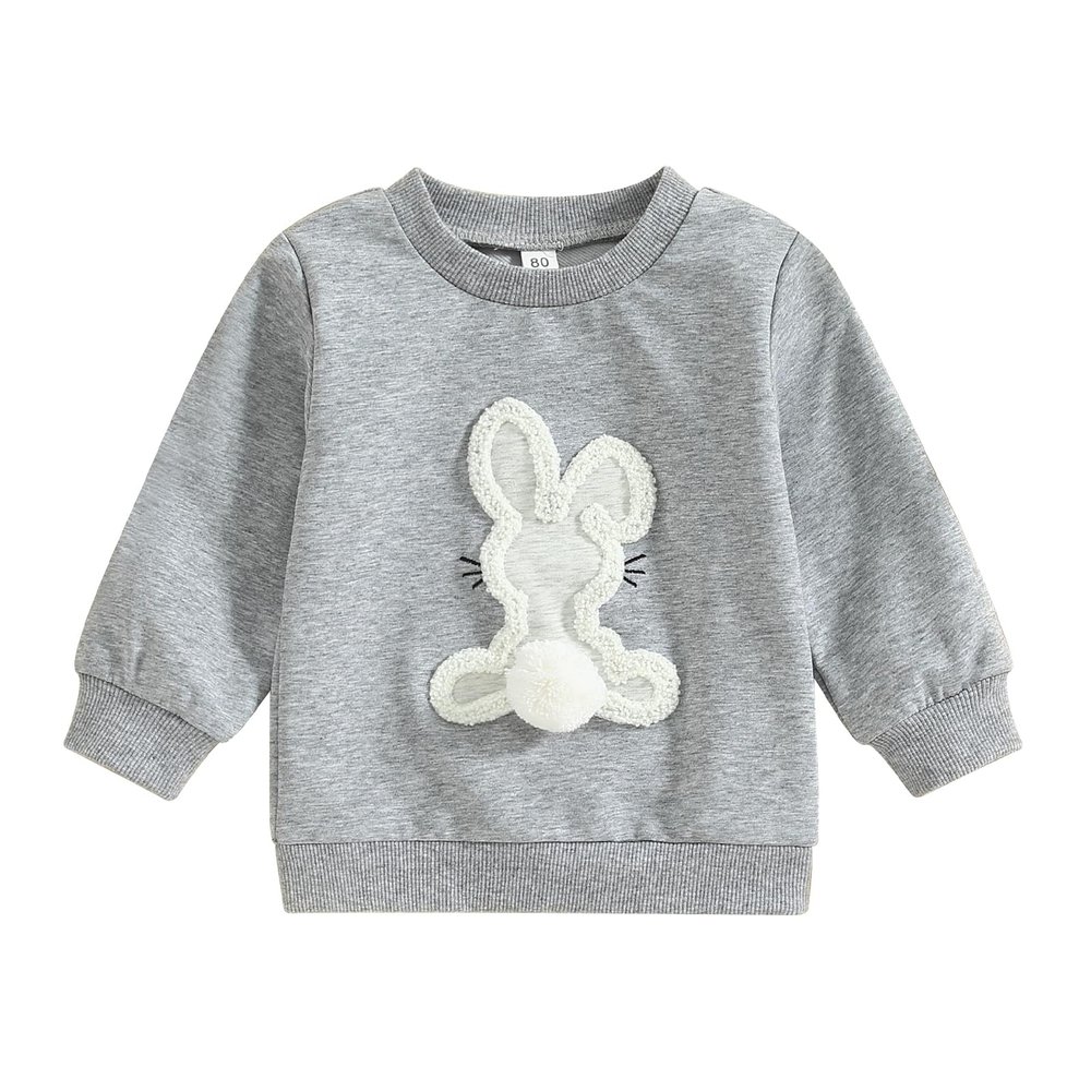 JLKGICF Toddler Baby Girl Easter Outfit Bunny Print Embroidery Crewneck Sweatshirt Long Sleeve Tops Kids Cute Clothes(Vivid Rabbit Grey, 2-3T)