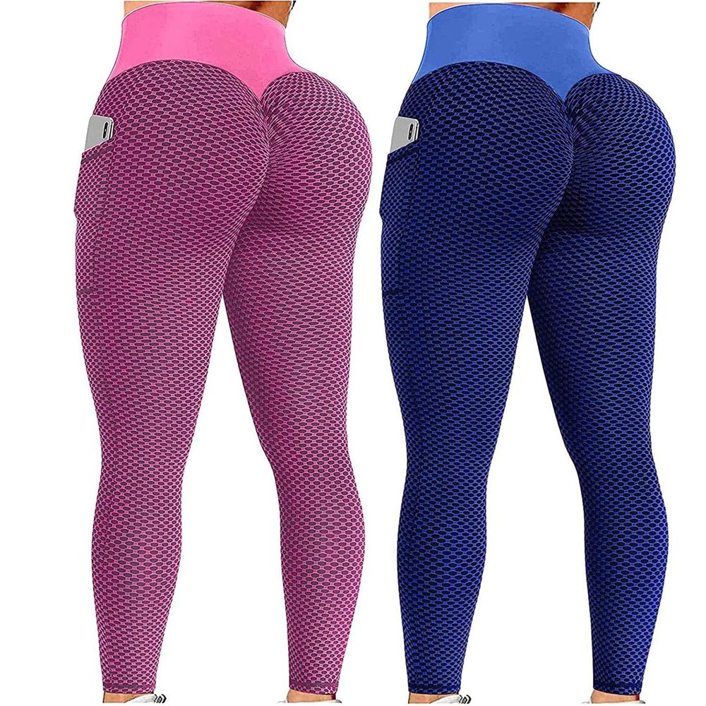 2PCS Tummy Control Leggings for Women Plus Size Women Seamless Leggings High Waist Workout Gym Yoga Pants Tummy Control Scrunch Butt Lifting Booty Compression Tights Blue