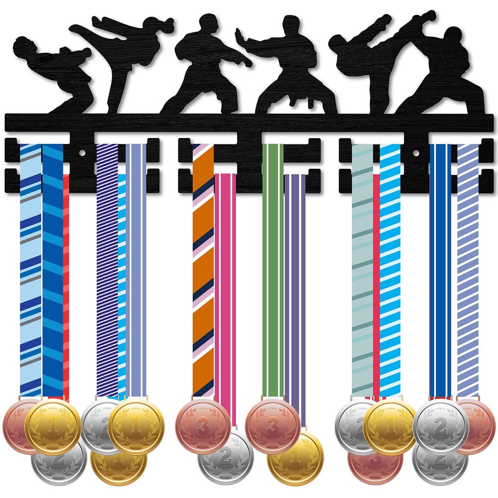 CREATCABIN Karate Medal Hanger Display Medal Holder Rack Sports Metal Hanging Wood Wall Mount Frame Decor Medal Hangers with 12 Hooks for Badge Race Runner Marathon Medalist Athlete 15.7 x 6Inch