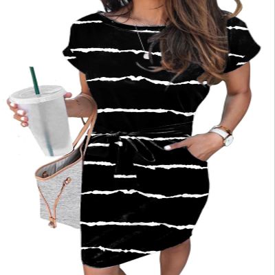 Arolina Women's Summer Casual Midi Dresses Striped Short Sleeve Crewneck Tie Waist T Shirt Dress with Pockets