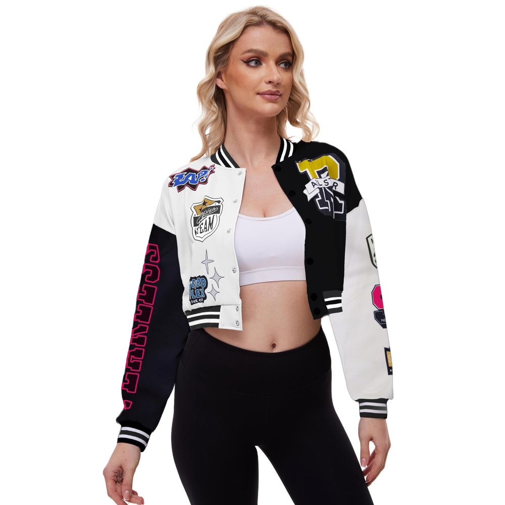 Vivimeng Women Crop Varsity Jacket Letter Print Baseball Bomber Jacket Streetwear Casual Coat S
