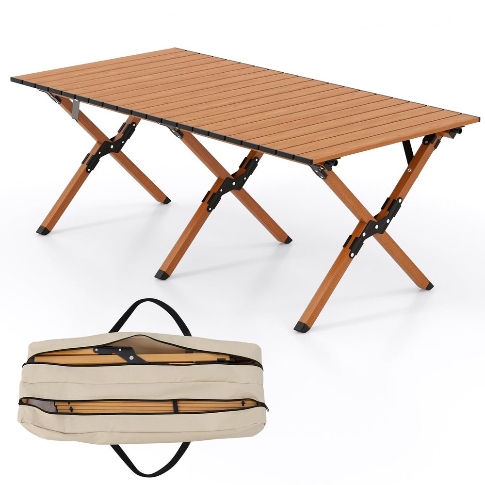 GYMAX Folding Camping Table, Aluminum Roll-Up Picnic Table with Carrying Bag, Portable Low Beach Table for Outdoor Travel, Hiking, Party, BBQ, Backyard, Natural