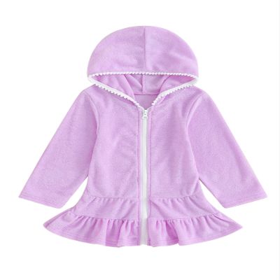 Taoocy Toddler Kids Little Girl Swim Cover Up Towel Terry Swimsuit Wraps Zip Up Bathing Suit Short Beach Cami Dress (Purple Long Sleeved, 7-8 Years)