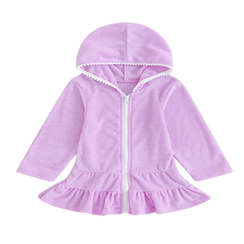 Taoocy Toddler Kids Little Girl Swim Cover Up Towel Terry Swimsuit Wraps Zip Up Bathing Suit Short Beach Cami Dress (Purple Long Sleeved, 7-8 Years)