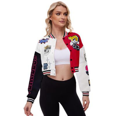 Vivimeng Women Crop Varsity Jacket Letter Print Baseball Bomber Jacket Streetwear Casual Coat Red XL