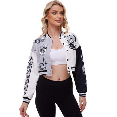 Vivimeng Women Crop Varsity Jacket Letter Print Baseball Bomber Jacket Streetwear Casual Coat Grey M