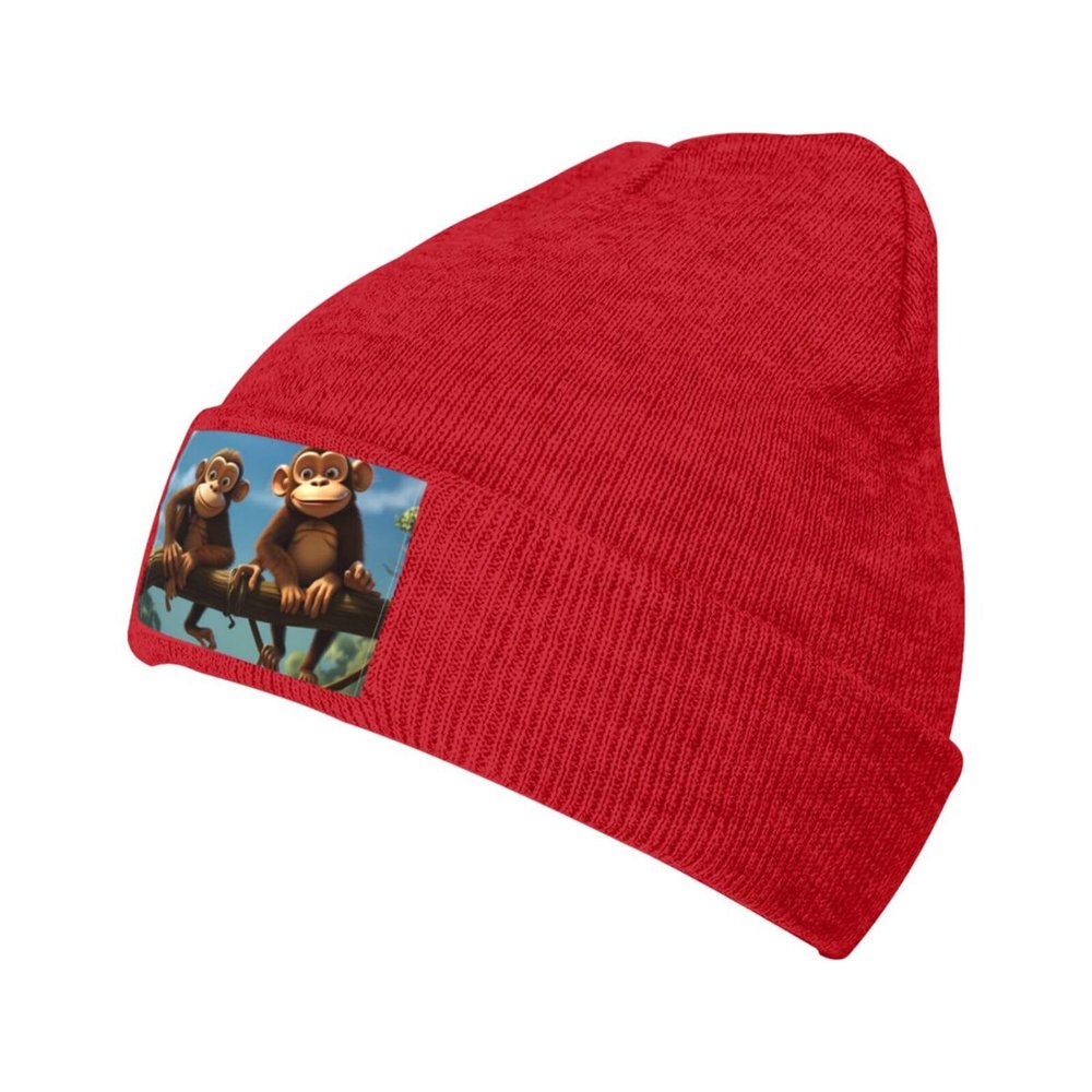 Red Warm Knit Hat Two Monkeys Picture Soft Good Elasticity Suitable for Daily and Outdoor Sports