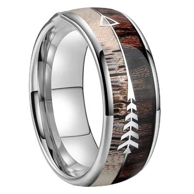 8 mm Tungsten Carbide Rings Vikings Hunting Jewelry Men Women Koa Zebra Wood Antler Arrows Inlay Dome Bands Polished Comfort Fit 6.5