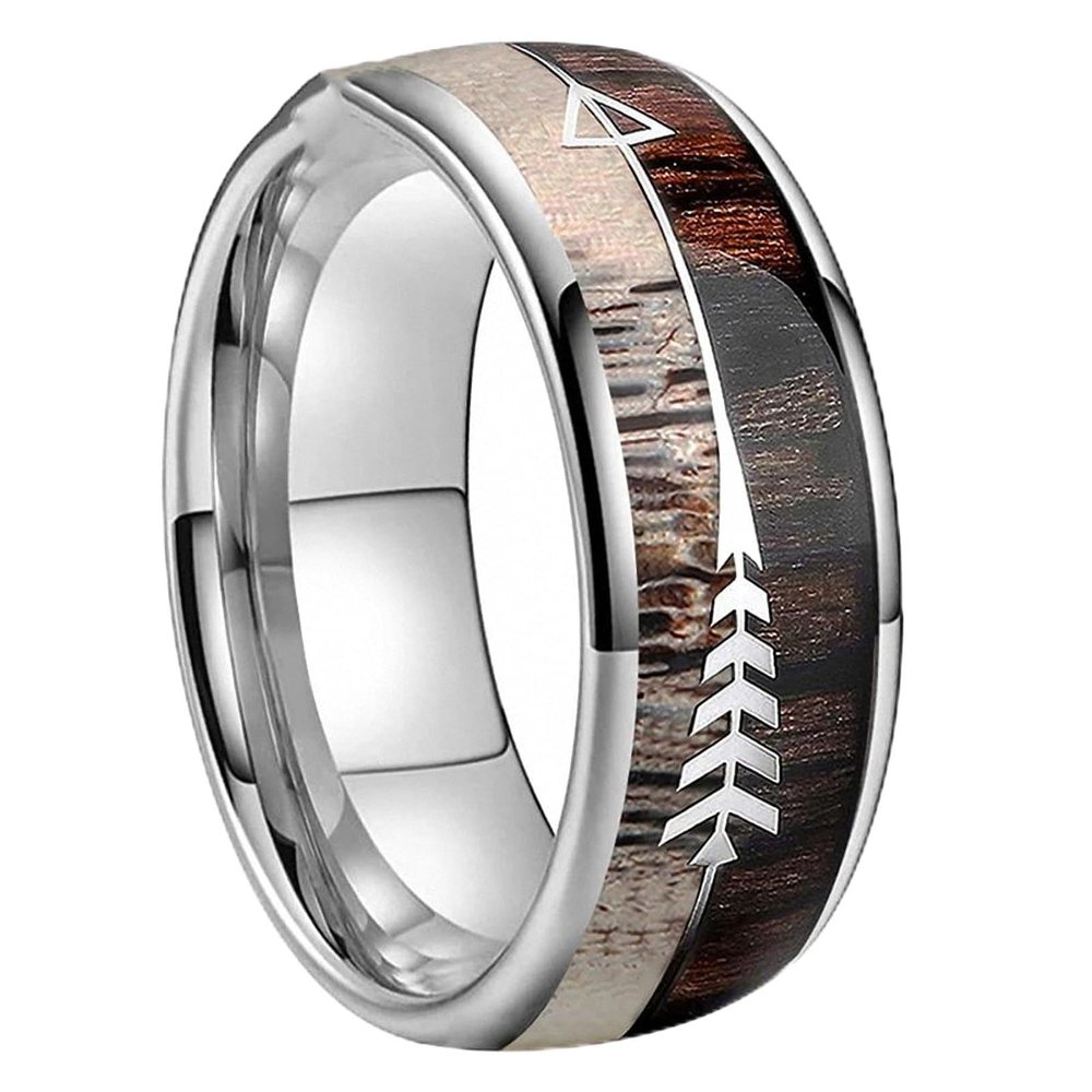 8 mm Tungsten Carbide Rings Vikings Hunting Jewelry Men Women Koa Zebra Wood Antler Arrows Inlay Dome Bands Polished Comfort Fit 6.5