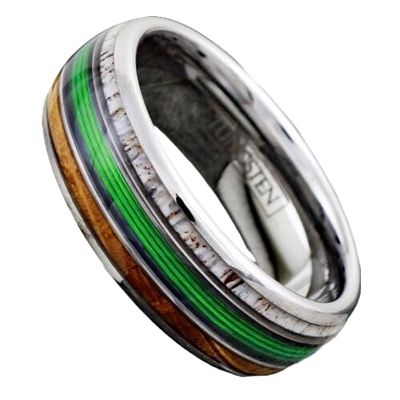 Tungsten Mens Ring Blue Fishing Line-Whiskey Barrel Wood & Deer Antler 8mm Size 9#ZQ-5 Fast Free Supply