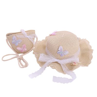Girls Summer traw Hat Bag Set Wide Brim Hat Sun Beach Hats with Shoulder Bag Infant Sun Hat Kids Cap (Beige, One Size)