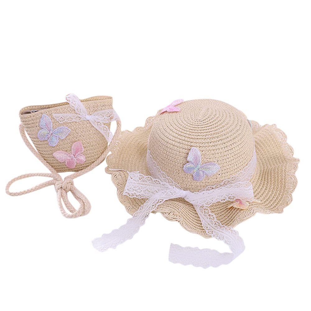 Girls Summer traw Hat Bag Set Wide Brim Hat Sun Beach Hats with Shoulder Bag Infant Sun Hat Kids Cap (Beige, One Size)
