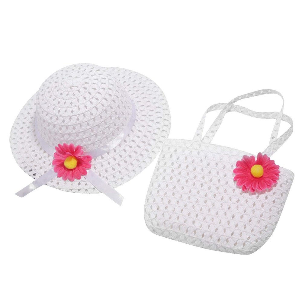 Girls Tea Party traw Sun Hat and Purse Kids Party Birthday Travel Gift Toddler Cap Bag Set Baby Sun (White, One Size)
