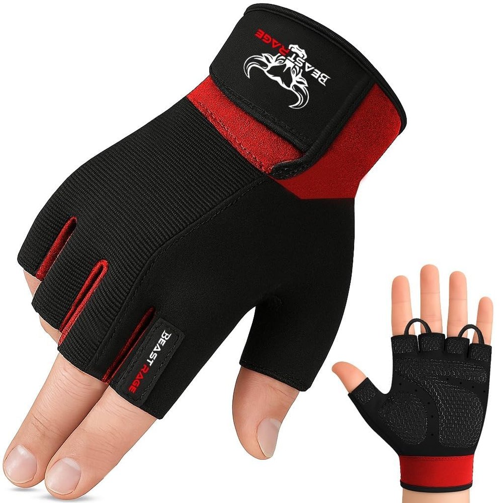 BEAST RAGE Workout Gloves for Men, Durable Palm Grip Gym Gloves Women Half Finger Elasticated Training Weight Lifting Strength Bodybuilding Anti Slip Cycling Gloves Exercise (Red, M), Medium