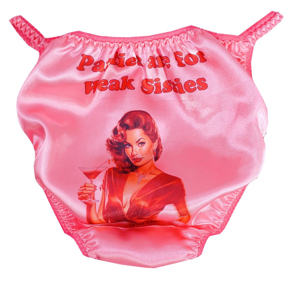 Ania's Sissy SATIN Humiliation Pin-ups Panties Shiny Wetlook Naughty BACK Print Pink or White MENS Panties (Poison S, Panties Are For Weak Sissies, Pink)
