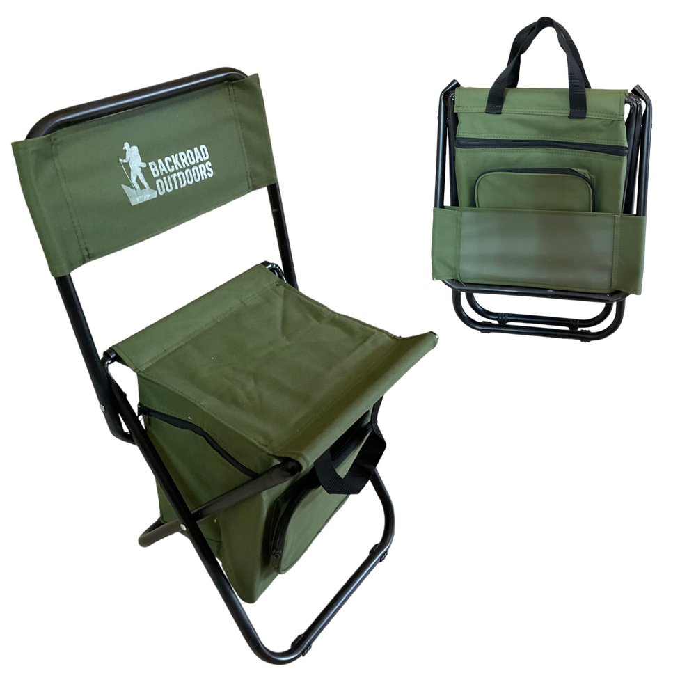 Backroad Outdoors Small Foldable Camping Chair with Built-in Cooler, 16mm Steel Frame, Supports 280 LBS, Anti-Slip Feet, Attached Backrest, for Fishing, Camping, Hiking, Sporting Events