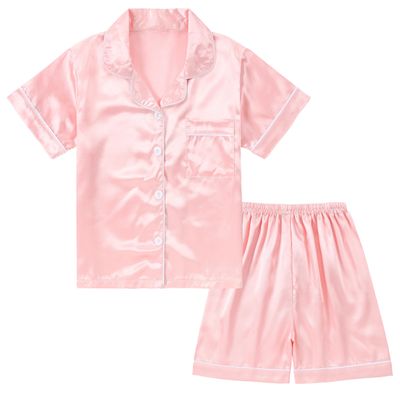 DIPUG Girls Pajamas Satin Pajama Set Silk Pjs Short Sleeve Sleepwear(Pink)