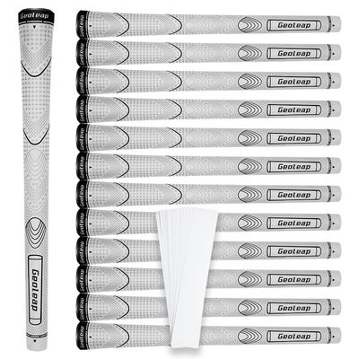 Geoleap Rubber Golf Grips Set of 13 -Grips with 15 Tapes and Grips with All Repair Kits for Choice, Non-slip and Shock-absorbing, Thumb Pattern Design, All Weather Performance and High Feedback Soft Rubber Golf Club Grips. (White-Classic( 13 Grips On