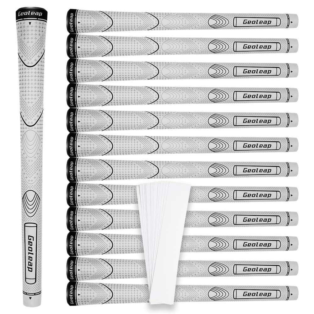 Geoleap Rubber Golf Grips Set of 13 -Grips with 15 Tapes and Grips with All Repair Kits for Choice, Non-slip and Shock-absorbing, Thumb Pattern Design, All Weather Performance and High Feedback Soft Rubber Golf Club Grips. (White-Classic( 13 Grips On