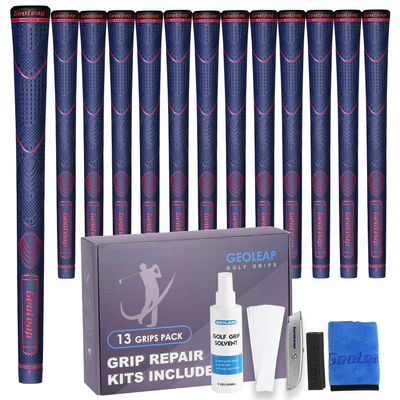 Geoleap Rubber Golf Grips Set of 13 - Non-slip, Shock-absorbing, Thumb Pattern Design, All Weather Performance, High Feedback Soft Rubber Golf Club Grips with 15 Tapes and Repair Kits (Navy-Pro Kit)