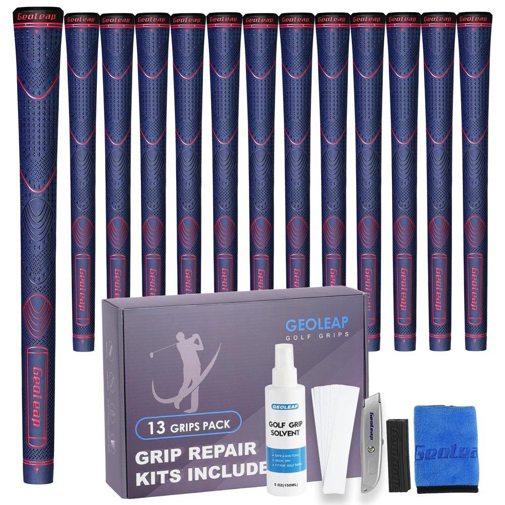 Geoleap Rubber Golf Grips Set of 13 - Non-slip, Shock-absorbing, Thumb Pattern Design, All Weather Performance, High Feedback Soft Rubber Golf Club Grips with 15 Tapes and Repair Kits (Navy-Pro Kit)