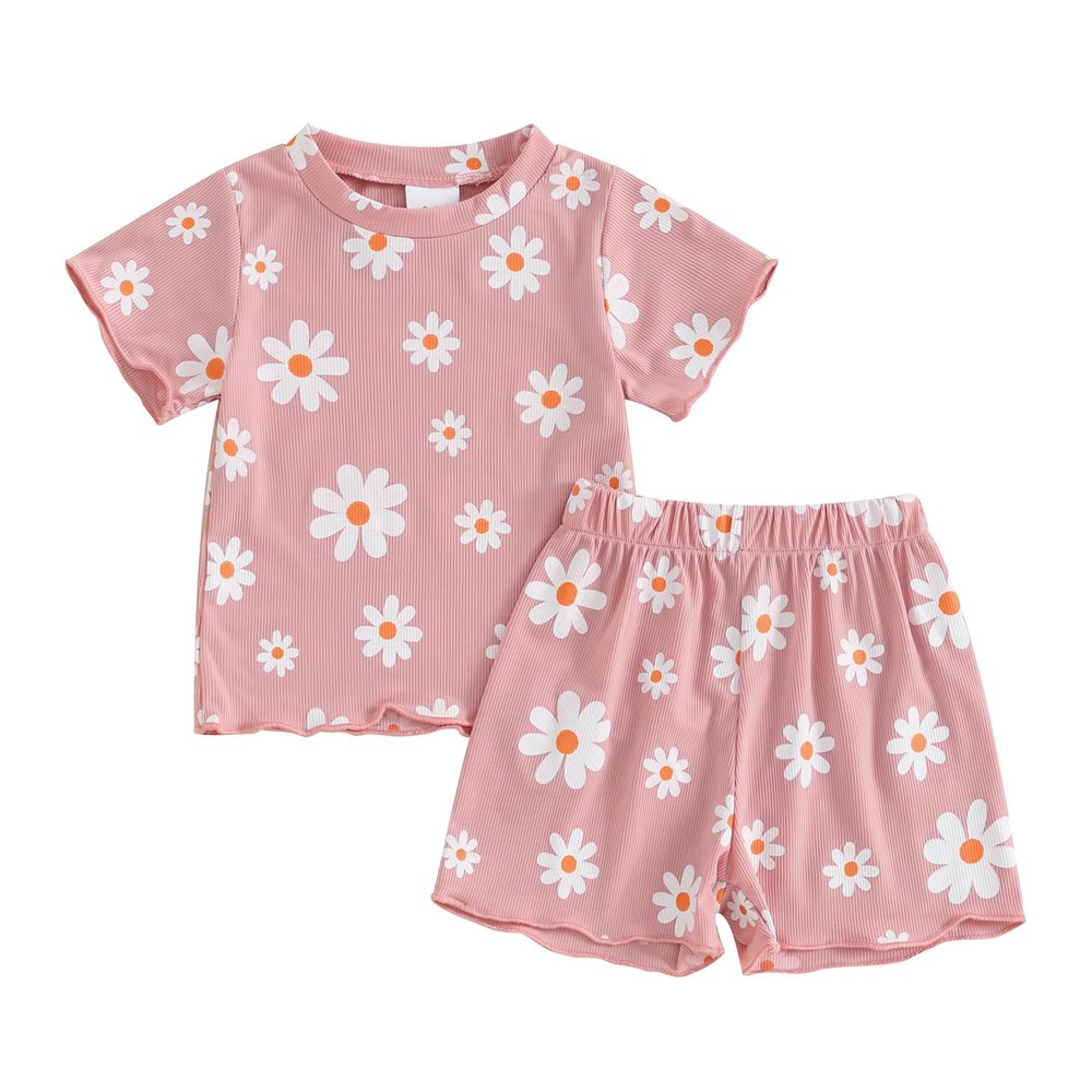 0-3T Toddler Baby Girl Summer Clothes Short Sleeve Floral Tshirt Tops and Shorts Set Oversized Outfit Boho Clothes (Pink, 12-18 Months)