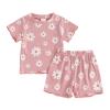 0-3T Toddler Baby Girl Summer Clothes Short Sleeve Floral Tshirt Tops and Shorts Set Oversized Outfit Boho Clothes (Pink, 12-18 Months) view 1
