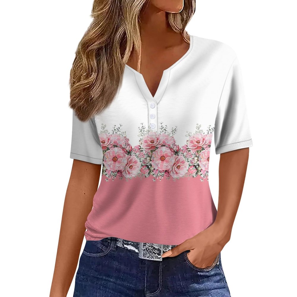 NineFit Basics Short Sleeve Top for Women V Neck 2024 Summer Pullover Printed Casual T Shirt Button Plus Size Fashion Blouse Tees Short Sleeve Shirts for Women Trendy2-Pink,Large