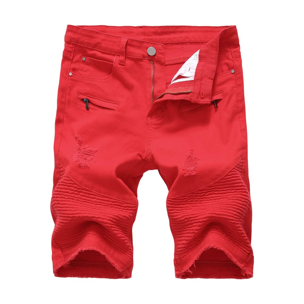 JEsilunmaMY Men's Wash Moto Biker Jeans Shorts Summer Casual Ripped Denim Shorts Distressed Slim Fit Holes Denim Short Pants (Red2,30)