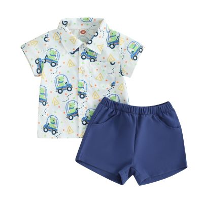 Toddler Boys Dress Clothes Kids Animal Print Button Down Shirt Solid Color Shorts Boys Summer Gentleman Suit Outfit (Dinosaur Blue 1, 12-18 Months)