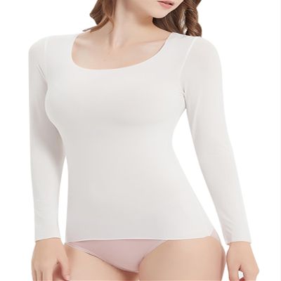 Fldy Womens Ultrathin Thermal Underwear Thermal Shirts Long Sleeve Base Layer Scoop Neck T-shirt Seamless Tops White Large
