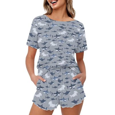 Sprowallow Womens Pajama Sets Shark Short Sleeve 2 Pieces Lounge Sets Outfit Sleepwear Casual Soft PJ sets