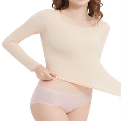 Fldy Womens Ultrathin Thermal Underwear Thermal Shirts Long Sleeve Base Layer Scoop Neck T-Shirt Seamless Tops Nude A Large