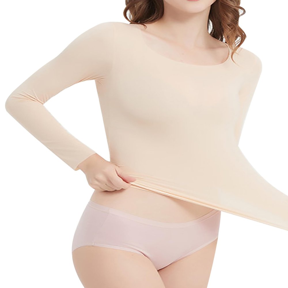 Fldy Womens Ultrathin Thermal Underwear Thermal Shirts Long Sleeve Base Layer Scoop Neck T-Shirt Seamless Tops Nude A Large