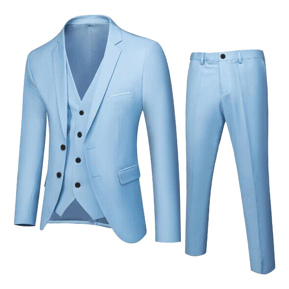 MenS Slim Fit Suit Tuxedo Set One Button 3-Piece Blazer Dress Business Wedding Party Jacket Vest & Pant (S-cm,Light Blue 1)