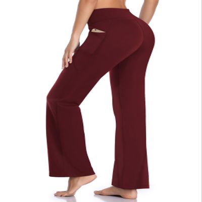 HISKYWIN Side Pockets Yoga Pants 4 Way Stretch Tummy Control Workout Running Pants, Long Bootleg Flare Pants HF201-Burgundy-XL