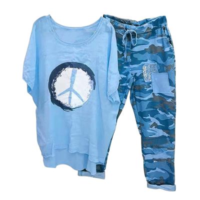 BOXIACEY 2 Piece Wide Leg Pants Set for Women, 2 Piece Outfits for Women Summer Cotton Linen Set Plus Size Camouflage Sets Casual Two Piece Tracksuit Sets