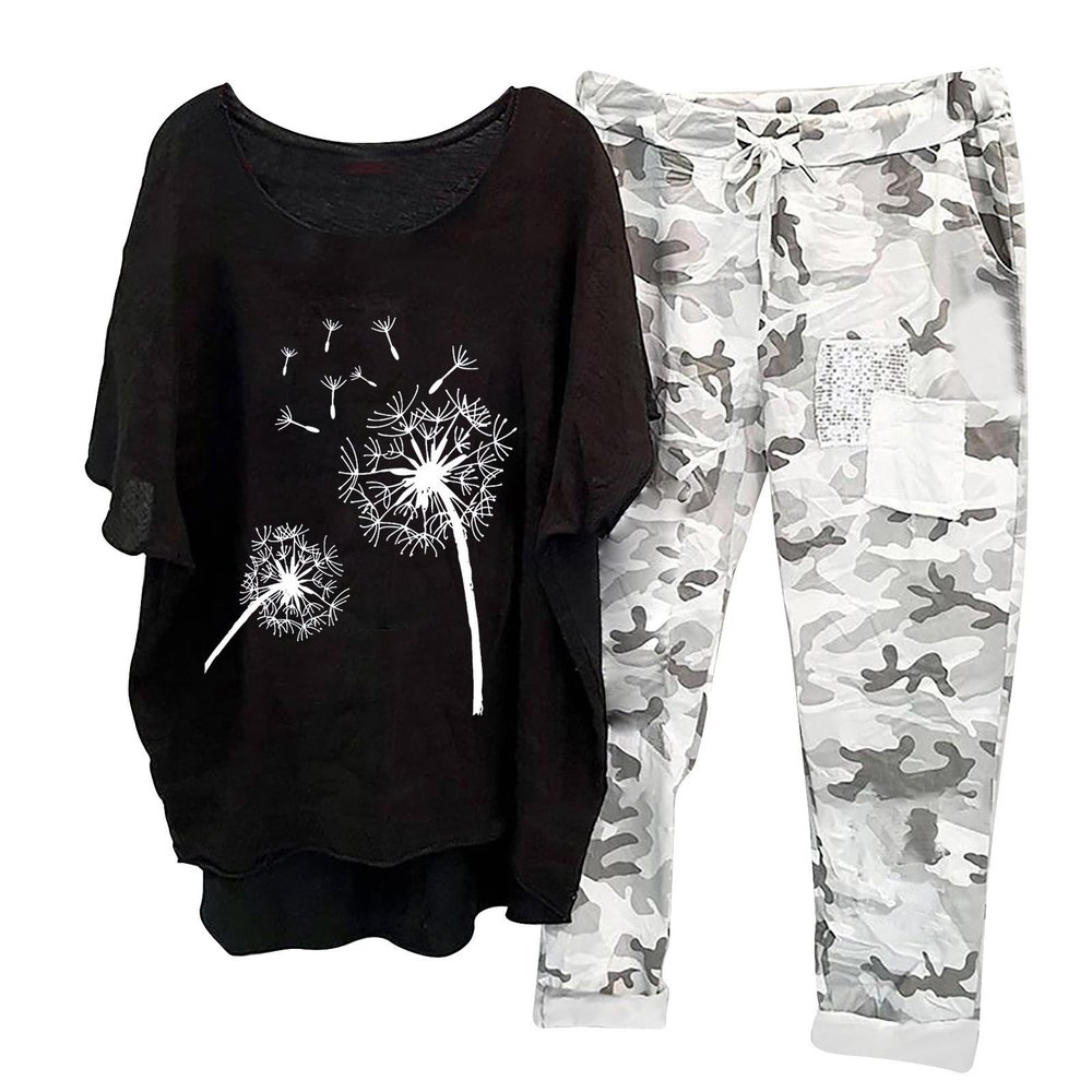 BOXIACEY Woman Summer Outfit Sets, 2 Piece Outfits for Women Summer Cotton Linen Set Plus Size Camouflage Sets Casual Two Piece Tracksuit Sets