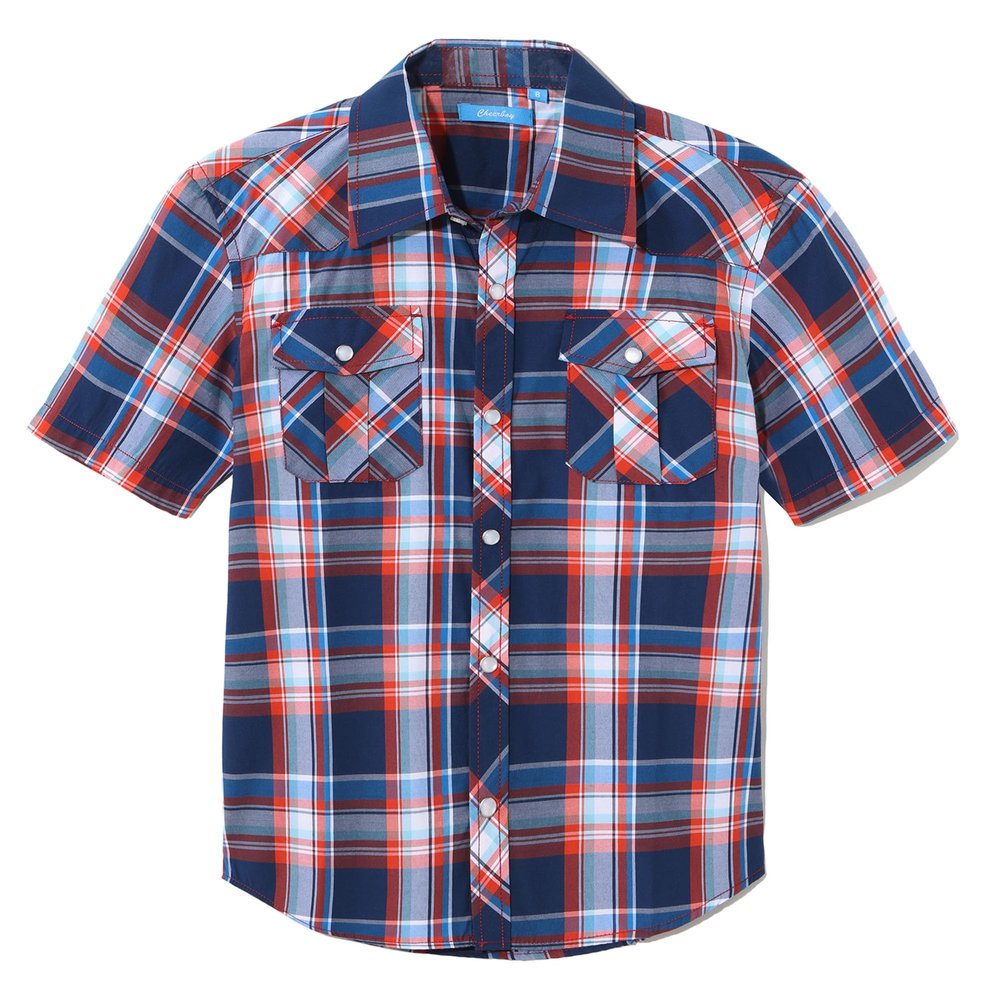 Champ Horse Boy's Toddler Child Kids Casual Dress Western Short Sleeve Snap Plaid Button Down Shirts(15# Red & Blue 16)