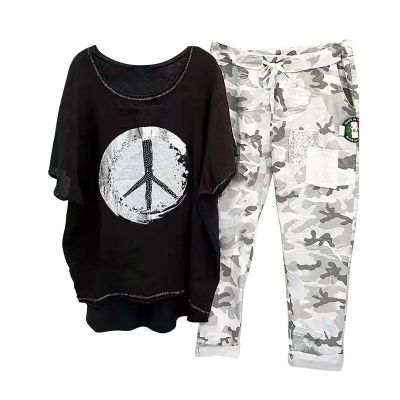 BOXIACEY Women's Lounge Sets, 2 Piece Outfits for Women Summer Cotton Linen Set Plus Size Camouflage Sets Casual Two Piece Tracksuit Sets