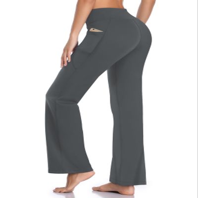 HISKYWIN Side Pockets Yoga Pants 4 Way Stretch Tummy Control Workout Running Pants, Long Bootleg Flare Pants HF201-Dark Gray-M
