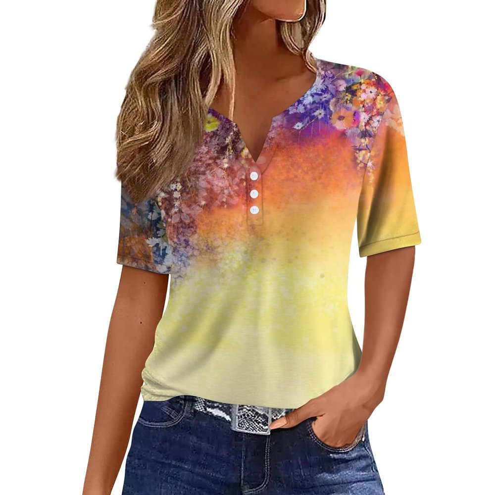 NineFit Basics Women Tops Short Sleeve Button Casual Pullover Plus Size Fashion T Shirt 2024 Summer Printed V Neck Blouse Tees Cold Shoulder Tops for Women Short Sleeve2-Saffron,3X-Large
