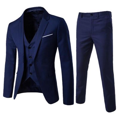 MenS Slim Fit Suit Tuxedo Set One Button 3-Piece Blazer Dress Business Wedding Party Jacket Vest & Pant (XXL-cm,Dark Blue 2)