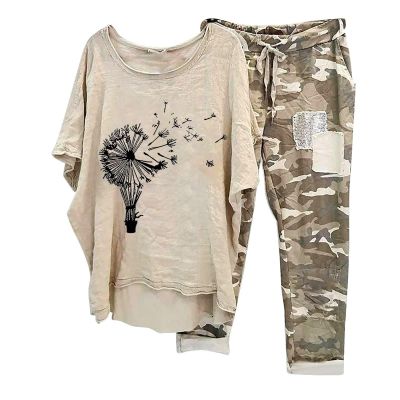 BOXIACEY Summer Matching Set, 2 Piece Outfits for Women Summer Cotton Linen Set Plus Size Camouflage Sets Casual Two Piece Tracksuit Sets