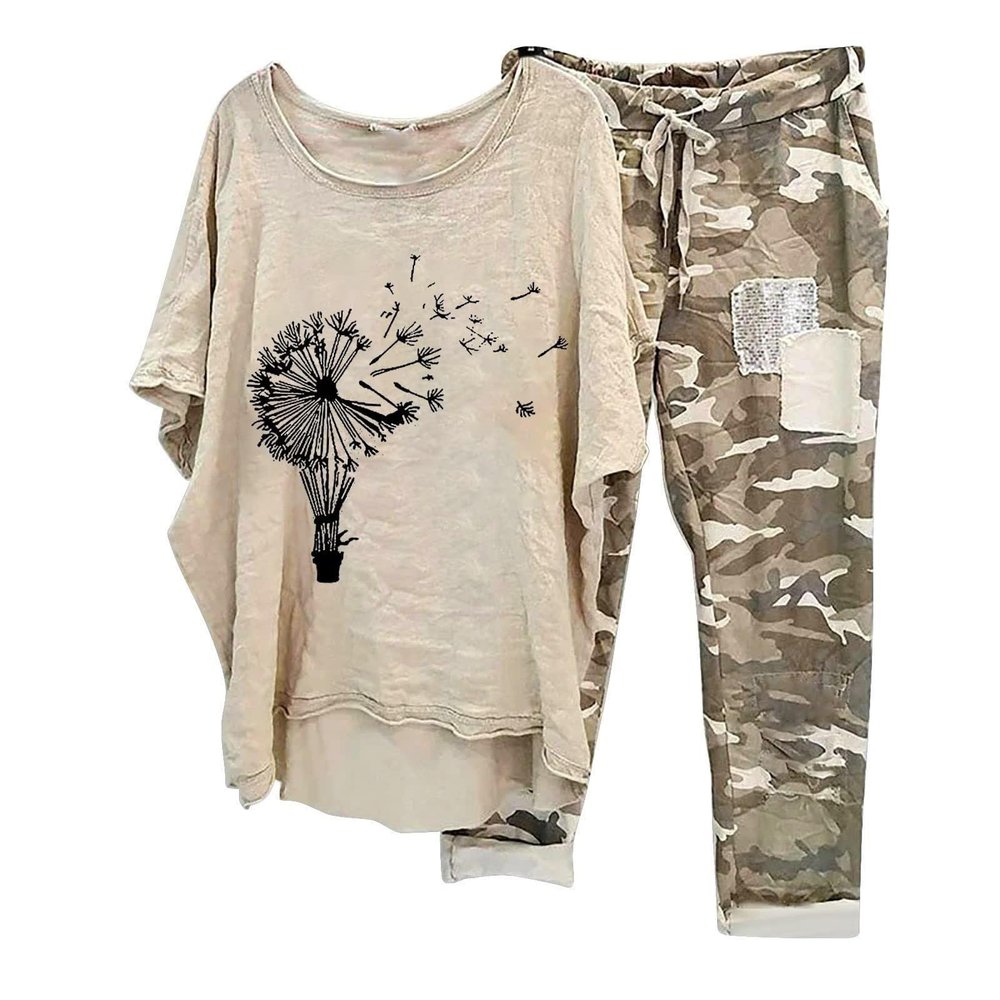 BOXIACEY Summer Matching Set, 2 Piece Outfits for Women Summer Cotton Linen Set Plus Size Camouflage Sets Casual Two Piece Tracksuit Sets