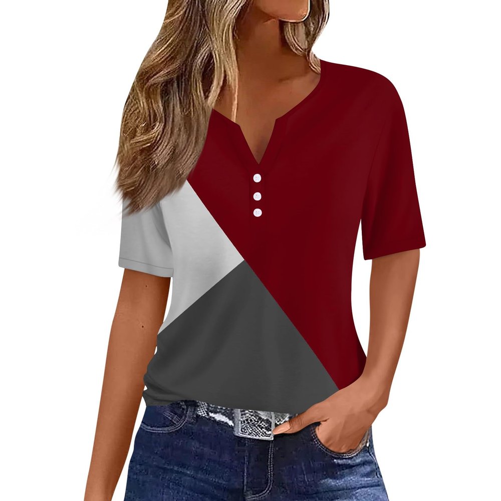 Women's Tops Short Sleeve Casual Plus Size Pullover Printed 2024 Summer Blouse Tees V Neck Fashion Button T Shirt Business Tops for Women Office Professional1-Wine,Medium