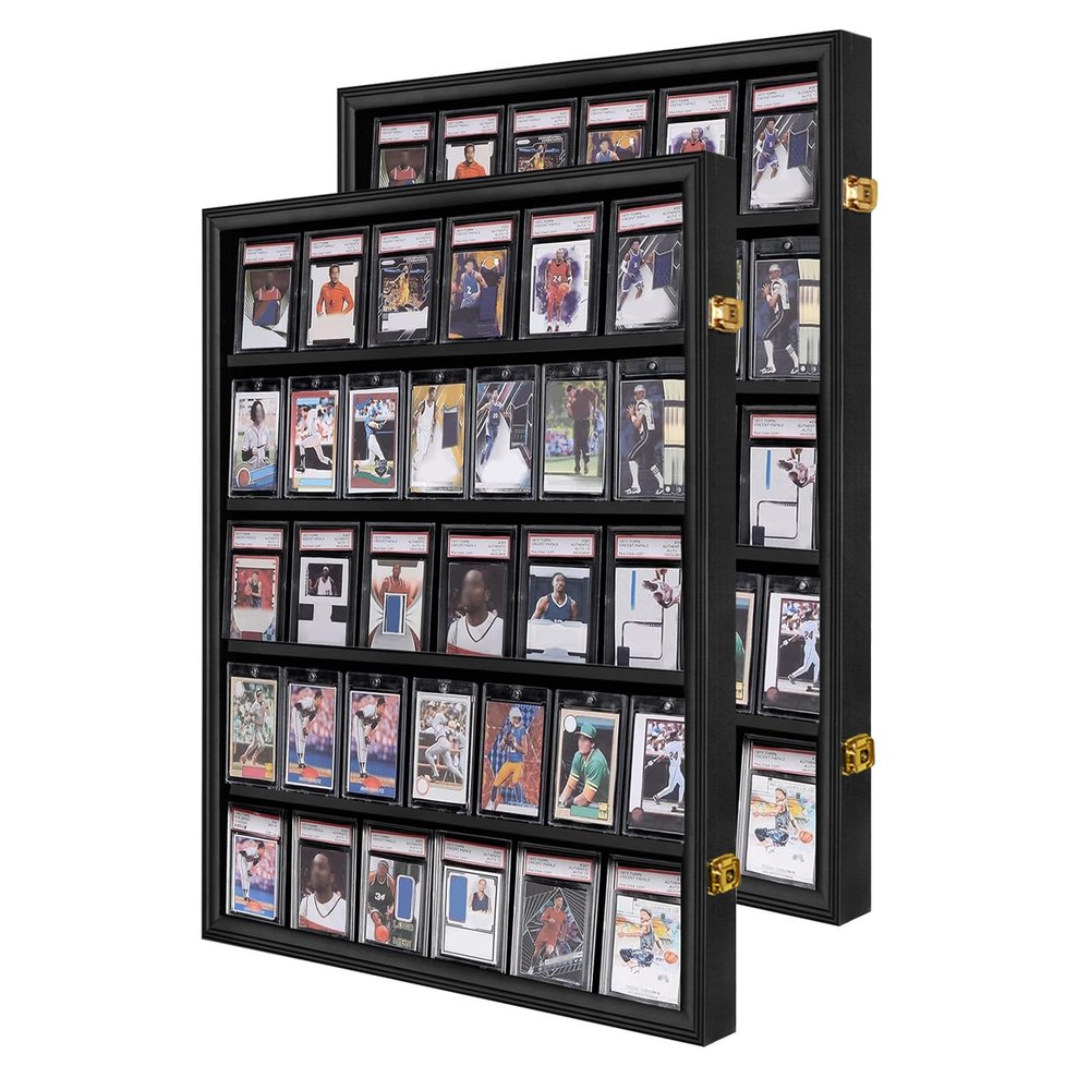 IHEIPYE 35 Baseball Card Display Case 2 Pack- Graded Sports Card Display Case - Wall Mount Lockable Trading Cards Frame with UV Protection Acrylic for Display Basketball Fooball Hockey Cards-Vertical